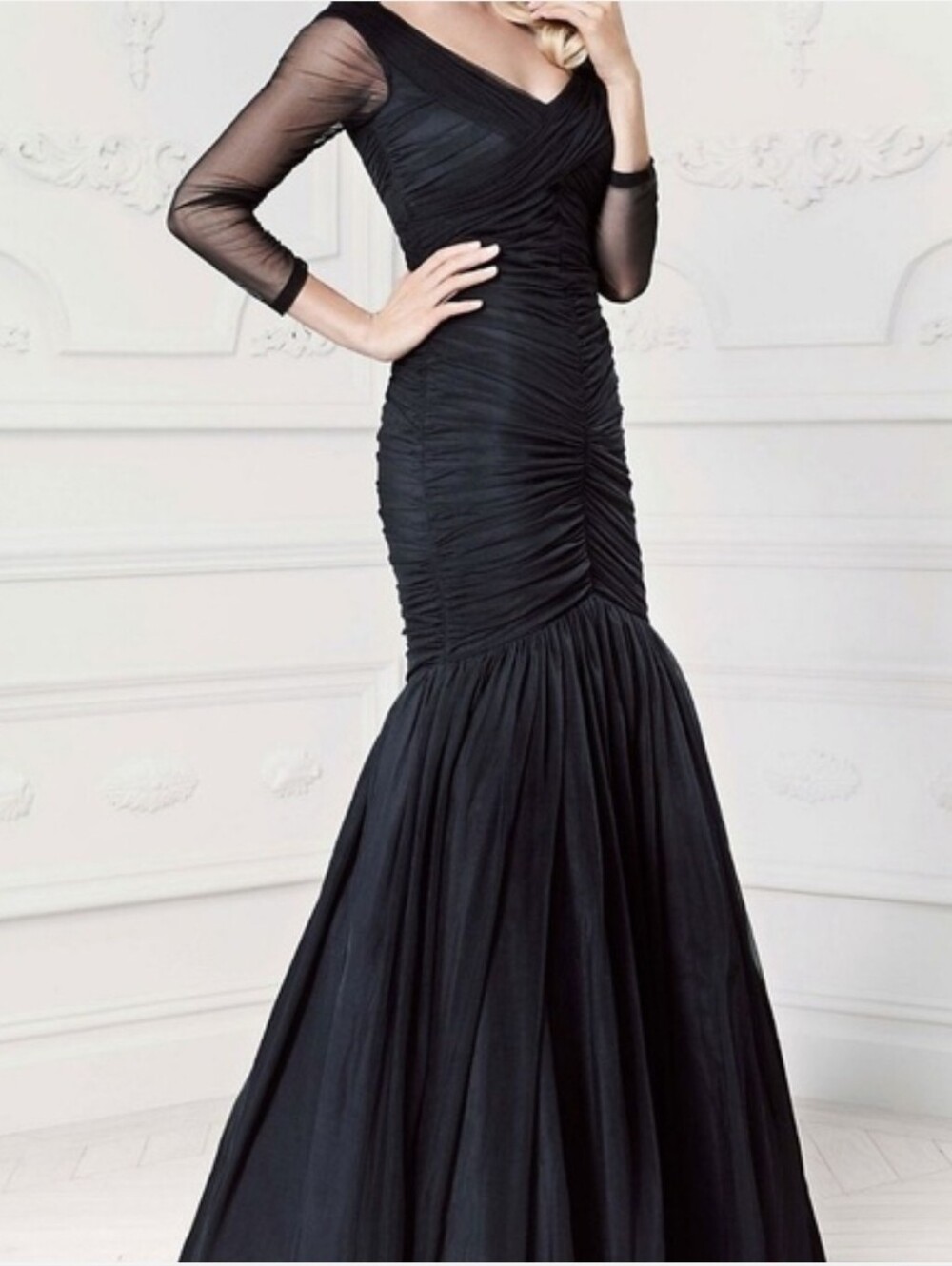 Truly Zac Posen Black Ruched Mesh Long-Sleeve Gown